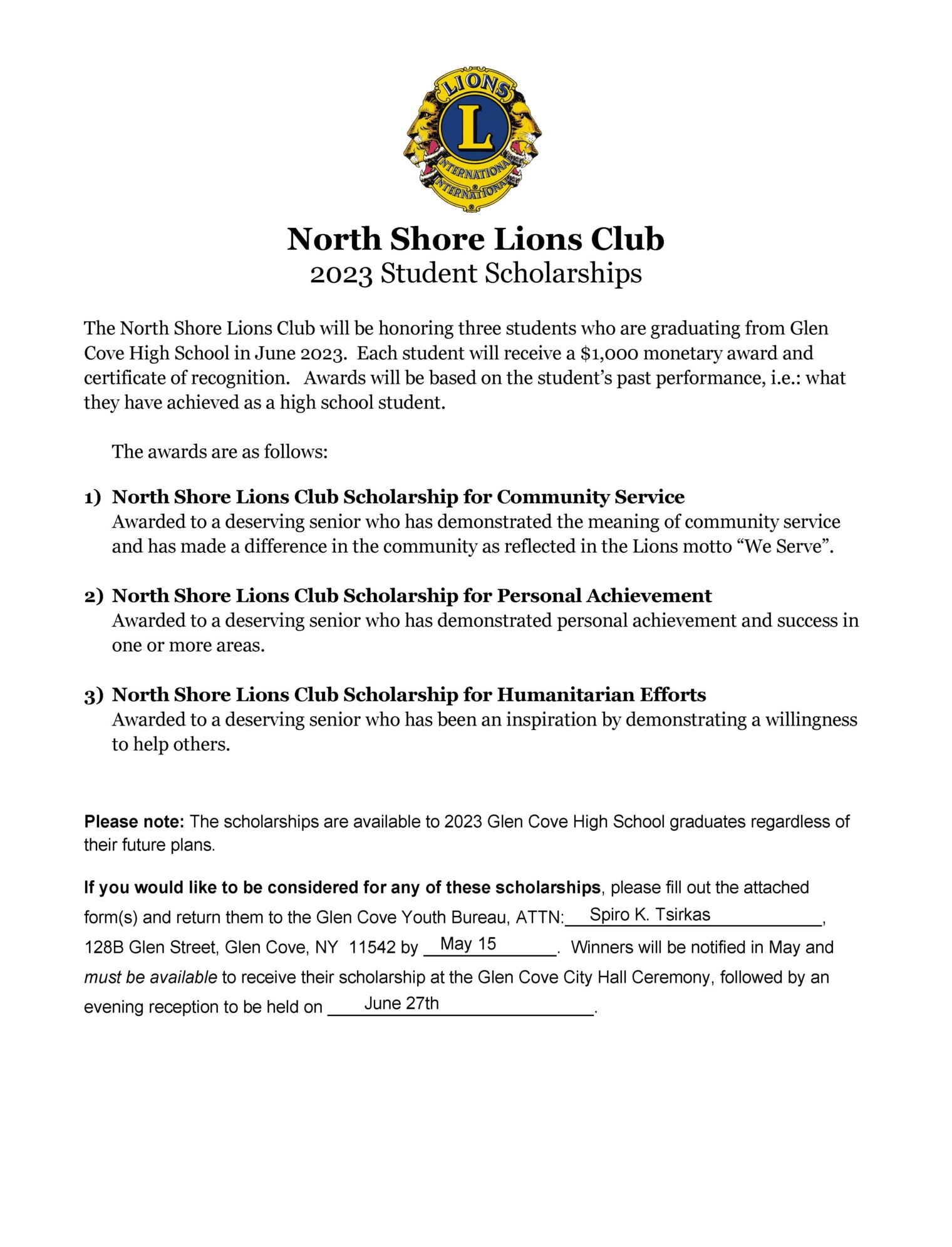 The North Shore Lions Club Student Scholarship Friends of the Glen